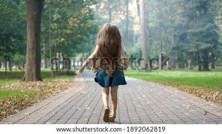 Rear view of a little child girl in summer dress walking alone in green park.
