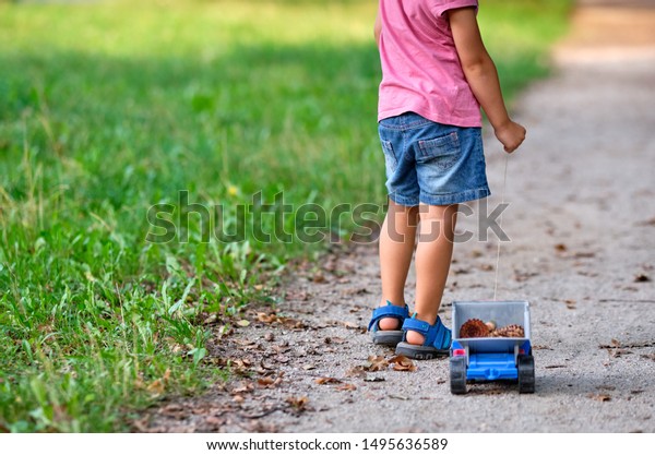 Rear view\
of the lower section of a 3-4 year old child in short trousers in\
summer pulling a toy truck with cones in\
it