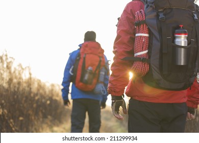 Rear view of male backpackers walking in field