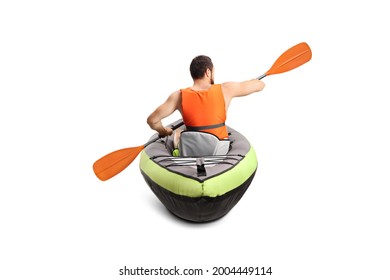 Rear view of a man in a canoe with a life vest and a paddle isolated on white background