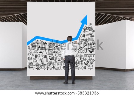 Rear view of a man drawing a graph in an art gallery interior in chocolate tones. Beige walls, wooden floor and ceiling. Concept of modern art exhibition. 3d rendering, mock up