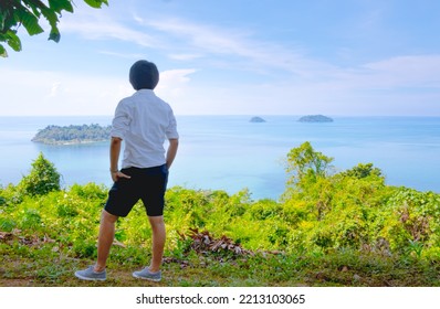 Rear View Of A Man Looking The Beautiful Sea View On The Vacation As Summer At Kai Bae Viewpoint, Koh Chang, Trat, Thailand