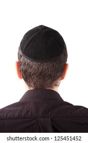 Rear View Of A Man Wearing A Kippah On White Background