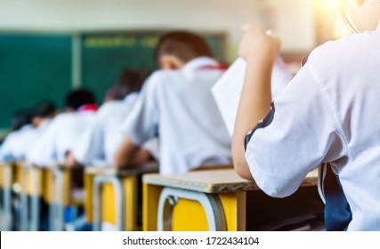 Rear View Of Middle School Students Studying In Classroom.