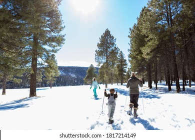 Rear view of a mother and her children, a teenage girl and young boy, snow shoeing - Shutterstock ID 1817214149
