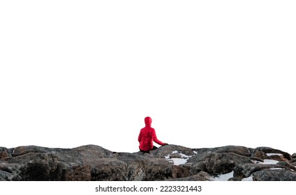 Rear View Of Mountaineer In Red Jacket Sitting On The Stone Cliff And White Background For Montage