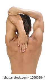 Rear View Of Muscular Athletic Man Performing Triceps Stretch On White Background