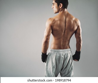 Rear view of muscular young male boxer standing looking away. Fit young man wearing boxing gloves on grey background.
