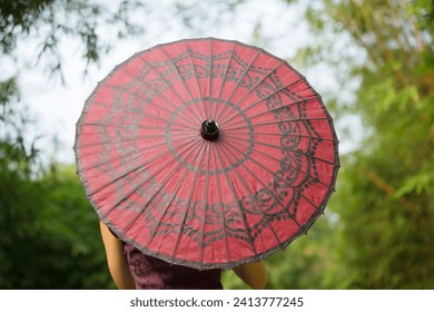 Rear view of a mysterious Chinese Woman wearing a Cheongsam Chinese Dress with traditional umbrella. - Powered by Shutterstock