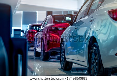Rear view of new luxury red and white car parked in modern show room. Selective focus on white shiny car. Car dealership concept. Showroom interior. Automotive industry on coronavirus crisis concept.
