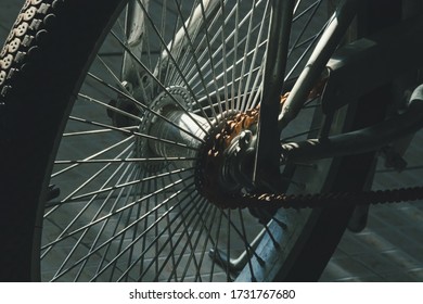 Rear View Old Bicycle Wheel Texture Vintage Style, Black And White Memento Memory Of Old Time Bike Photo