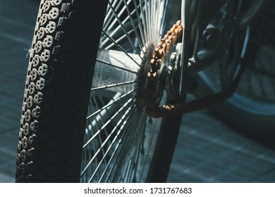 Rear View Old Bicycle Wheel Texture Vintage Style, Black And White Memento Memory Of Old Time Bike Photo