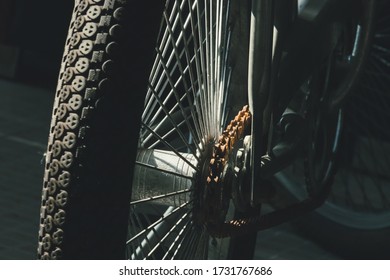 Rear View Old Bicycle Wheel Texture Vintage Style, Black And White Memento Memory Of Old Time Bike Photo