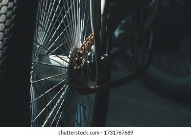 Rear View Old Bicycle Wheel Texture Vintage Style, Black And White Memento Memory Of Old Time Bike Photo