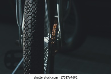 Rear View Old Bicycle Wheel Texture Vintage Style, Black And White Memento Memory Of Old Time Bike Photo