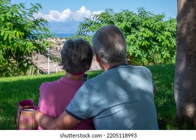 Rear View Of Old Senior Couple Sitting In The Meadow During Summer Vacation Embracing With Love. Elderly People Enjoying Retirement And Free Lifestyle