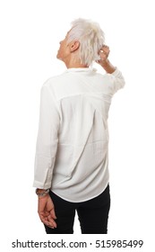 Rear View Of Older Woman Scratching Her Head, Isolated On White.