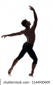 Rear View, One Young Man Back, Ballet Dancer, Posing Looking Up, Hand Arm Raised Up. White Background, Photo Shoot.