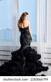 Rear View Of Orgeous Young Woman In Evening Dress Looking Through The Window