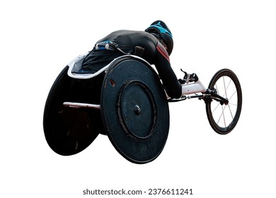 rear view para athlete in wheelchair racing riding on red track stadium isolated on white background - Powered by Shutterstock