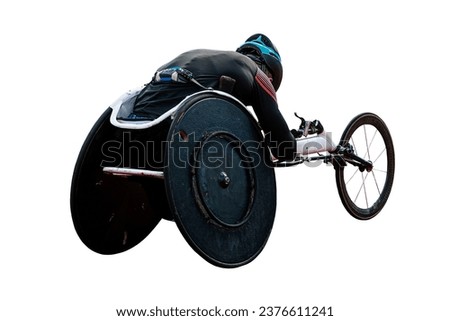 rear view para athlete in wheelchair racing riding on red track stadium isolated on white background