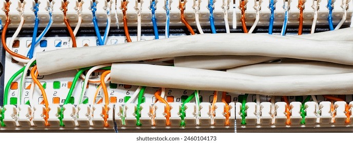 rear view of a patch panel with wires closeup