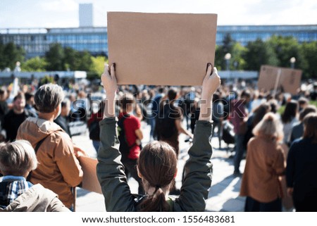Rear view of people with placards and posters on global strike for climate change.