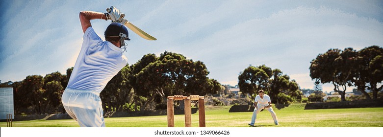 Rear view of player batting while playing cricket on field against clear sky - Powered by Shutterstock