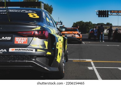 Rear View Of Racing Car Audi RS3 Standing In Racetrack Starting Grid Driver Point Of View. Vallelunga, Italy, September 17-18 2022, Racing Weekend