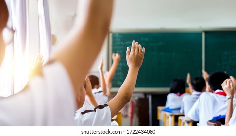 Rear view of raised hands in middle school classroom.