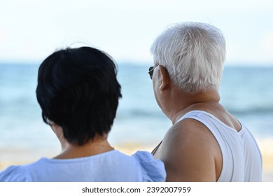 Rear view of a Senior Asian couple standing on a beach and looking at the sea. - Powered by Shutterstock