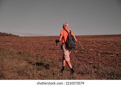 Rear View Of Senior Man Hiking In Nature