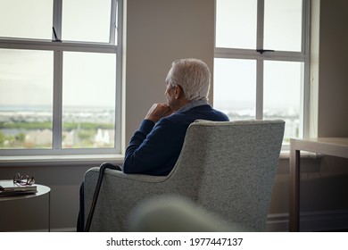 Rear view of senior man sitting on armchair and looking through the window. Lonely old man sitting at home near window during covid19 outbreak. Thoughtful retired man abandoned at nursing home. - Shutterstock ID 1977447137