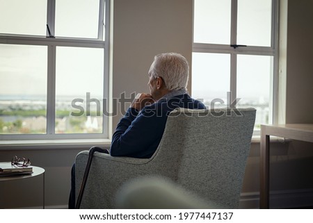 Rear view of senior man sitting on armchair and looking through the window. Lonely old man sitting at home near window during covid19 outbreak. Thoughtful retired man abandoned at nursing home.