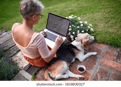 Rear View Of Senior Woman Architect With Laptop Working Outdoors In Garden, Home Office Concept.