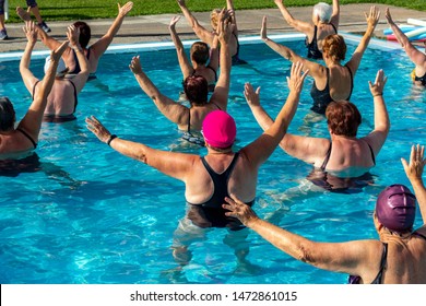 Rear view of senior women doing exercises in outdoor swimming pool. Elderly ladies raising arms together.