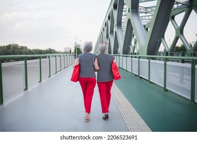 Rear View Of Seniors Twins In Same Clothes Walking In City, Returning From Shopping.