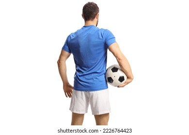 Rear view shot of a fotball player holding a ball isolated on white background - Powered by Shutterstock