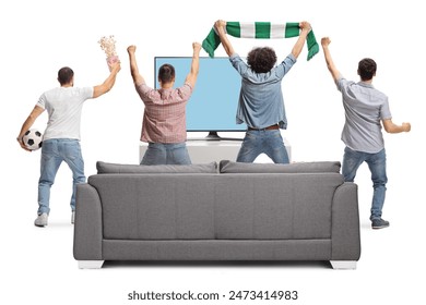 Rear view shot of a group of young men watching a football match on tv isolated on white background - Powered by Shutterstock