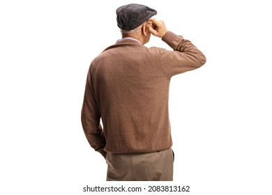 Rear View Shot Of A Pensive Elderly Man Standing And Thinking Isolated On White Background