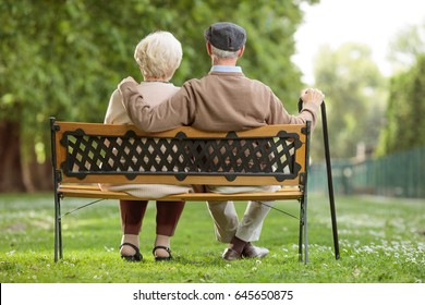 Vista trasera de una pareja de ancianos sentada en un banco de madera en el parque