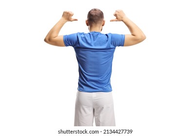 Rear view shot of a soccer player in a blue top and white shorts showing his back isolated on white background - Powered by Shutterstock