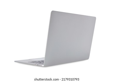 Rear View Of Silver Laptop In Angled Position. Mockup Isolated On White Background, Mockup Template, With Clipping Path.