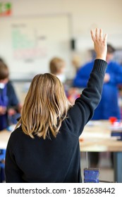 A Rear View Of A Small Girl In Uniform Raising Her Hand To Ask For Her Teacher?s Help