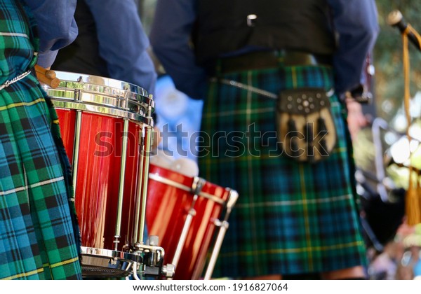 Rear view of snare drum in Scottish Highland Pipe\
Drum Band