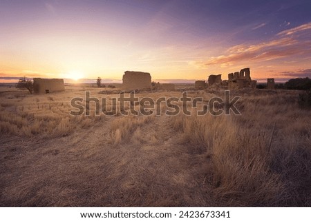 Rear view at sunset of the deserted ruins of Villacreces, Valladolid. Concept of depopulation and climate change
