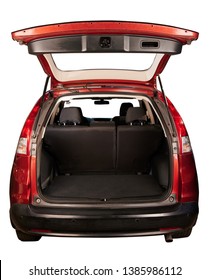 Rear View Of SUV Red Car With Open Trunk Isolated