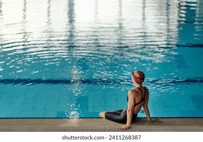 Rear view of a swimmer girl sitting on pool edge and looking at water. - Powered by Shutterstock