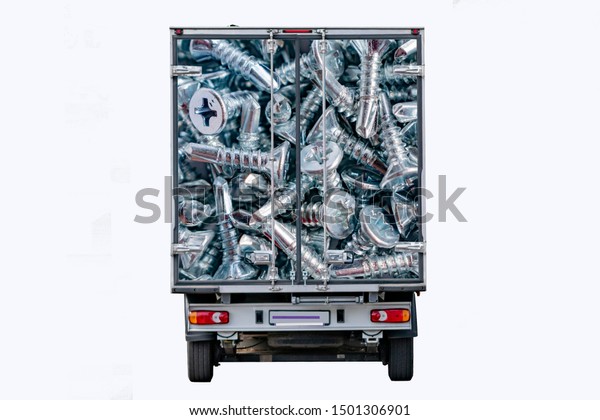 Rear view of the truck with the image of\
construction screws