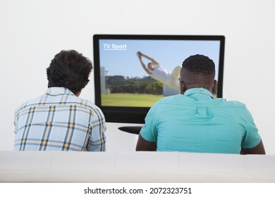 Rear View Of Two Friends Sitting At Home Together Watching Cricket Match On Tv. Sports, Competition, Entertainment And Technology Concept Digital Composite Image.